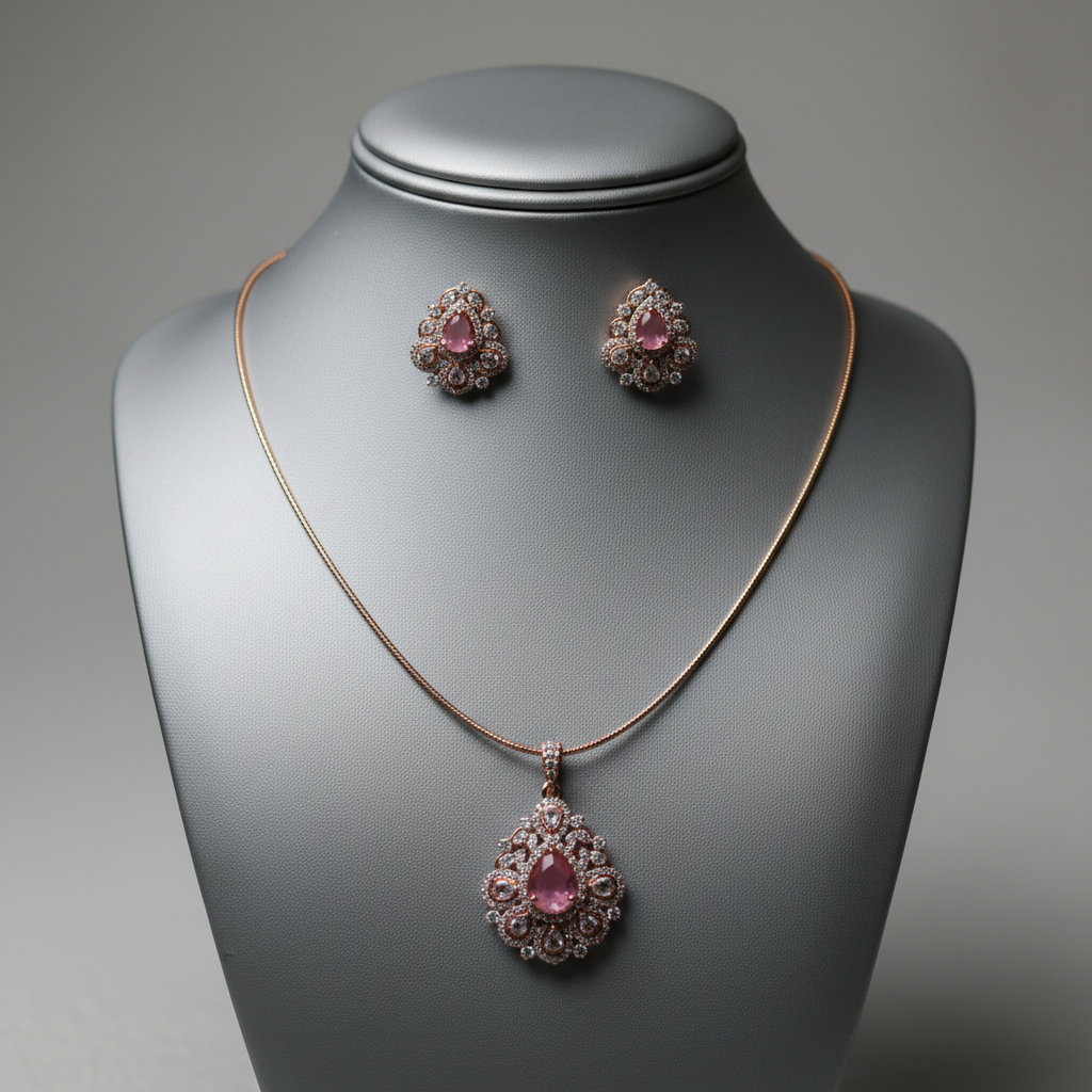 Rose Gold Pink Crystal Teardrop Jewelry Set - BeautiArt