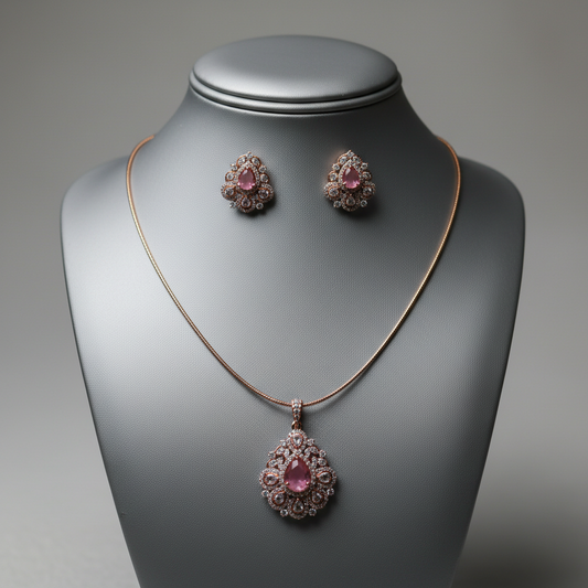 Rose Gold Pink Crystal Teardrop Jewelry Set - BeautiArt