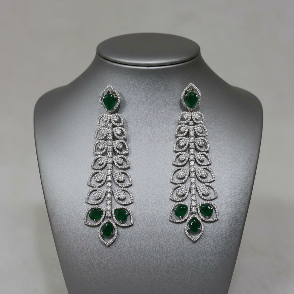 Elegant Emerald Green and Cubic Zirconia Leaf Long Dangle Earrings