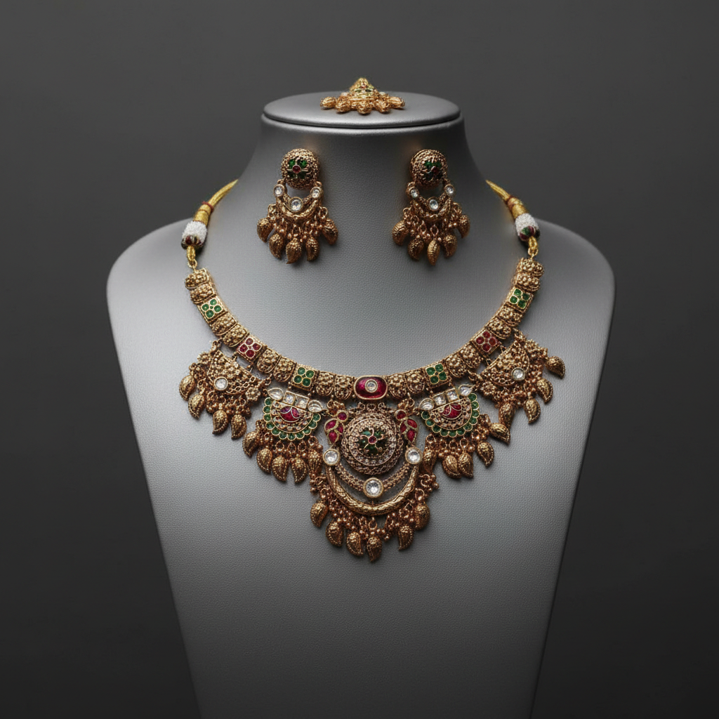 BeautiArt Antique Gold Ruby Emerald Choker Set & Maang Tikka