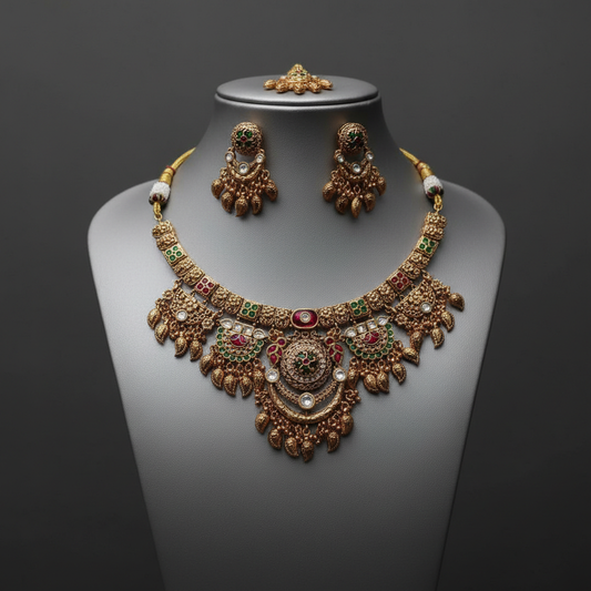 BeautiArt Antique Gold Ruby Emerald Choker Set & Maang Tikka