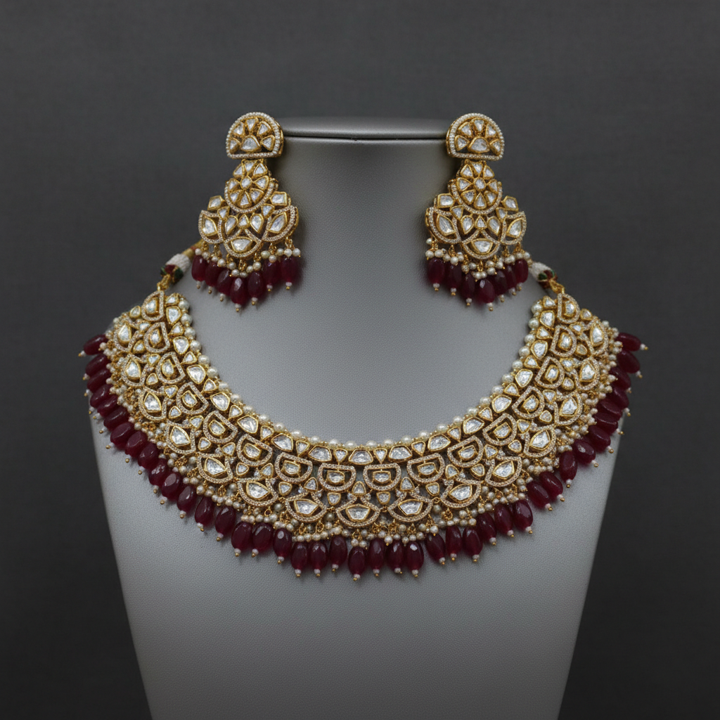 Exquisite Kundan & Ruby Red Polki Necklace Set