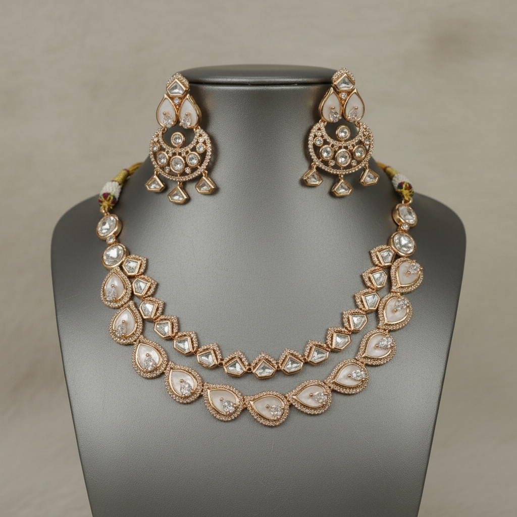 Exquisite White Polki Two-Layered Gold-Toned Necklace Set