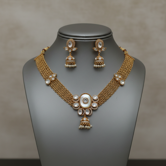 Elegant Gold-Plated Kundan Choker Necklace Set with Jhumka Earrings