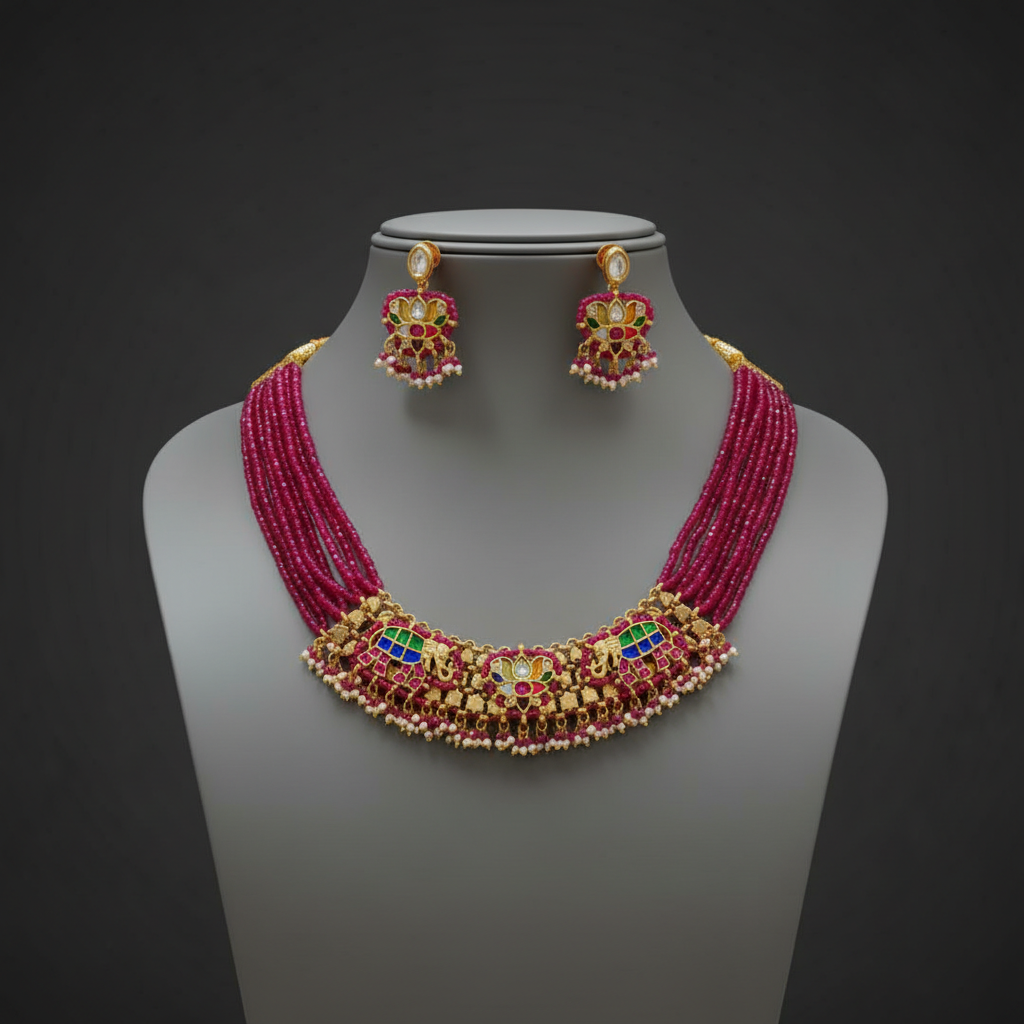 Traditional Multi-Strand Ruby Bead Elephant Choker Set