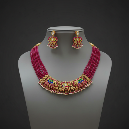 Traditional Multi-Strand Ruby Bead Elephant Choker Set