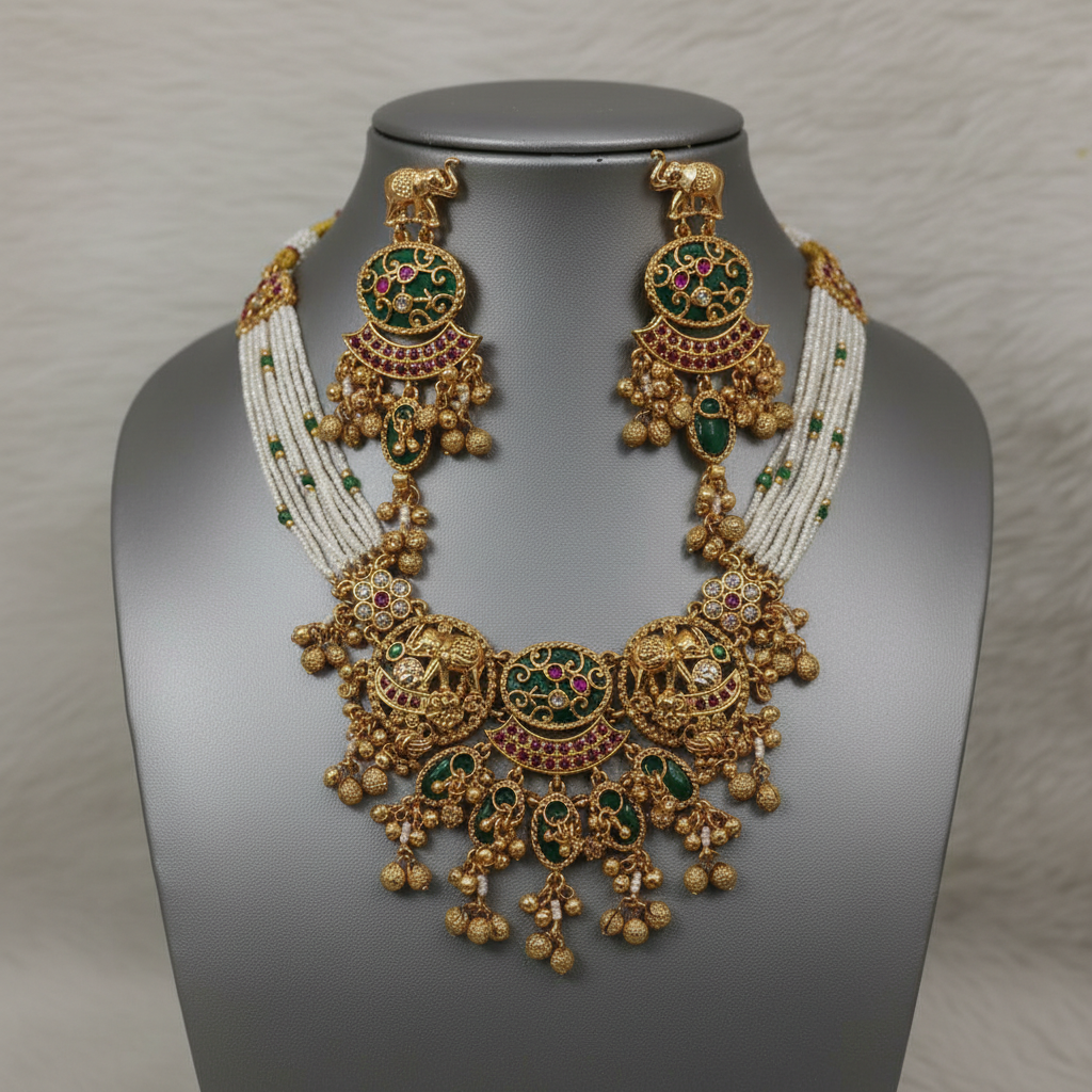 BeautiArt Antique Gold Temple Jewelry Set | Elephant & Pearl