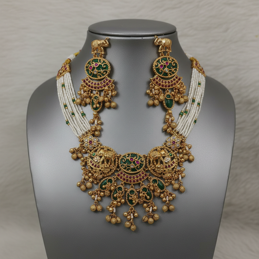 BeautiArt Antique Gold Temple Jewelry Set | Elephant & Pearl