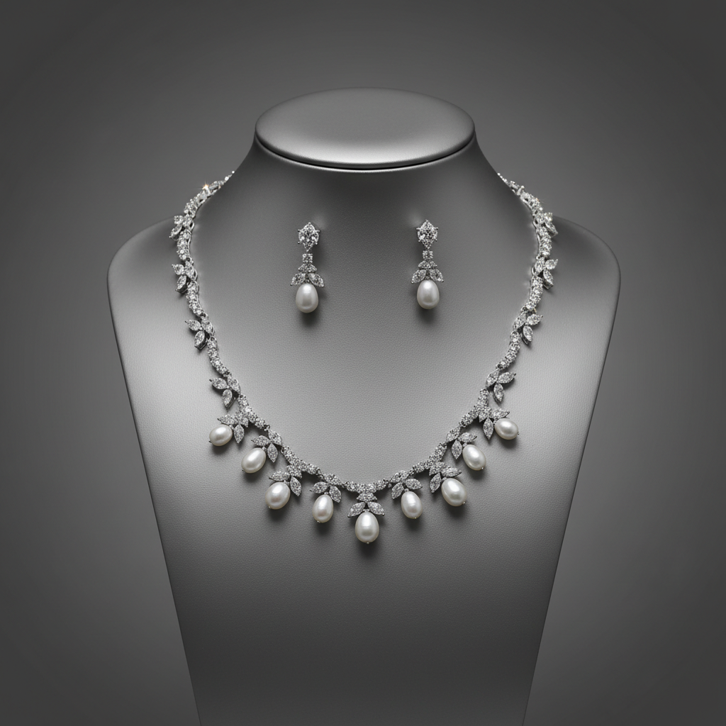 Elegant Marquise Cut Zirconia and Drop Pearl Jewelry Set
