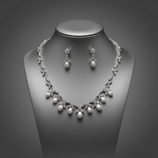 Elegant Marquise Cut Zirconia and Drop Pearl Jewelry Set