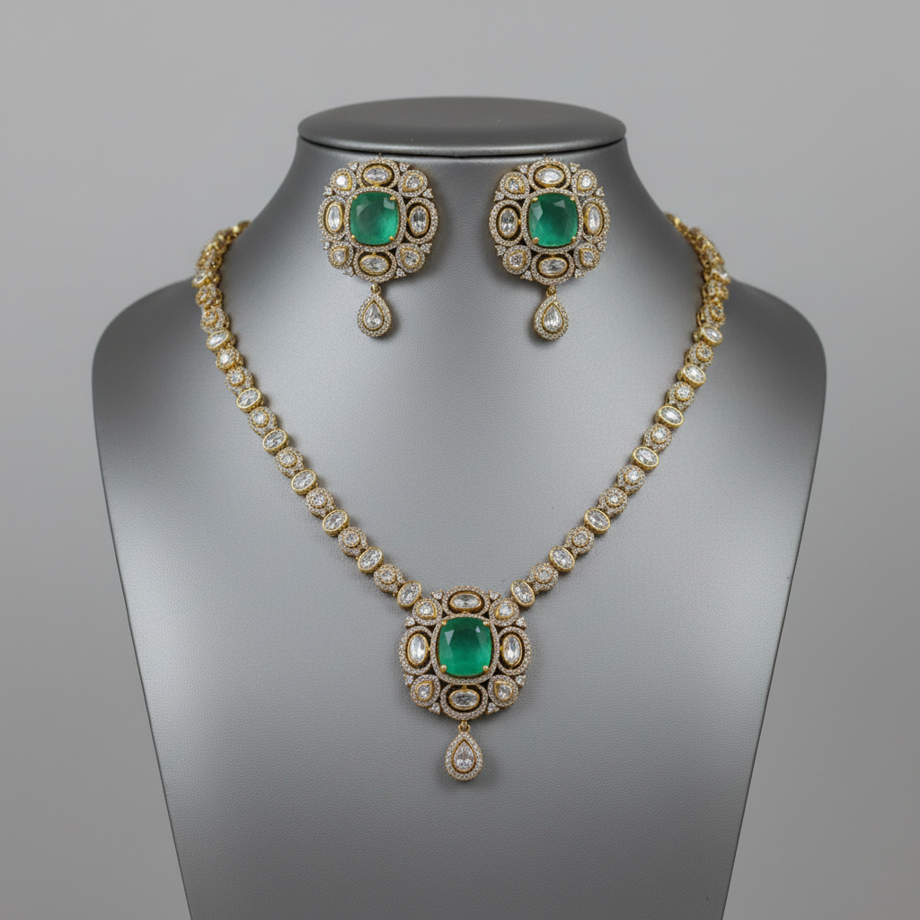 Emerald Green Cushion Cut Polki Necklace Set