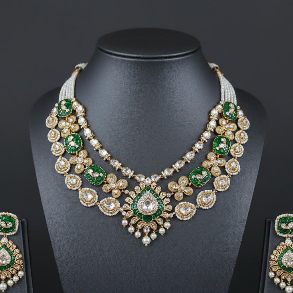 Luxurious Green Meenakari & Kundan Three-Layer Necklace Set