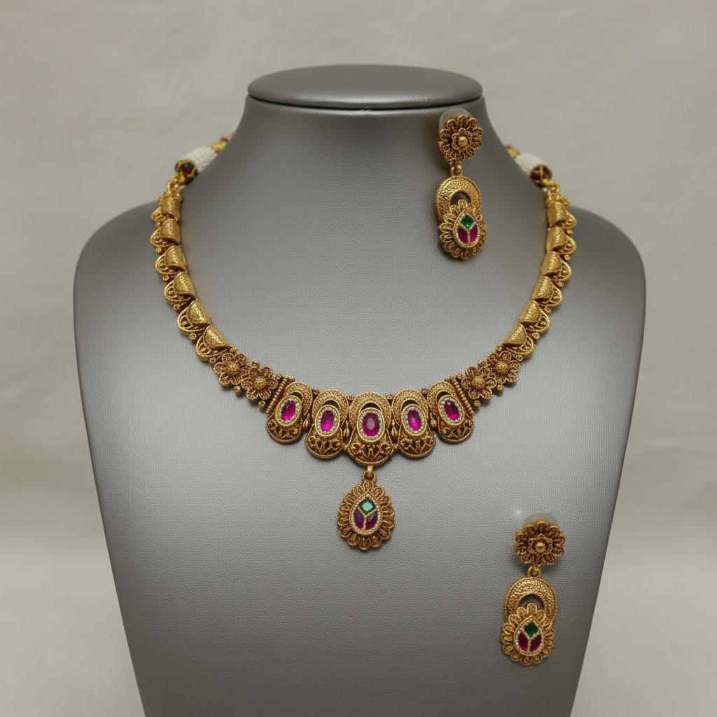 Exquisite Ruby and Green Traditional Gold-Plated Necklace Set