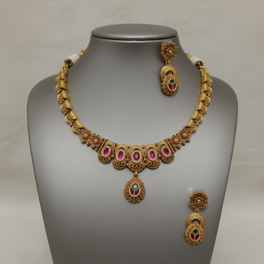 Exquisite Ruby and Green Traditional Gold-Plated Necklace Set