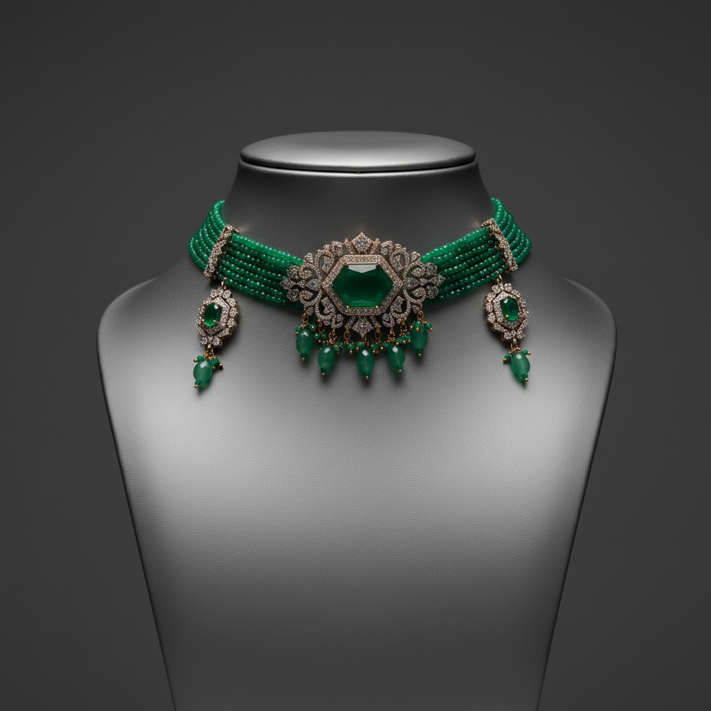 Elegant Emerald Green Multi-Strand Choker Jewellery Set with Stud Earrings