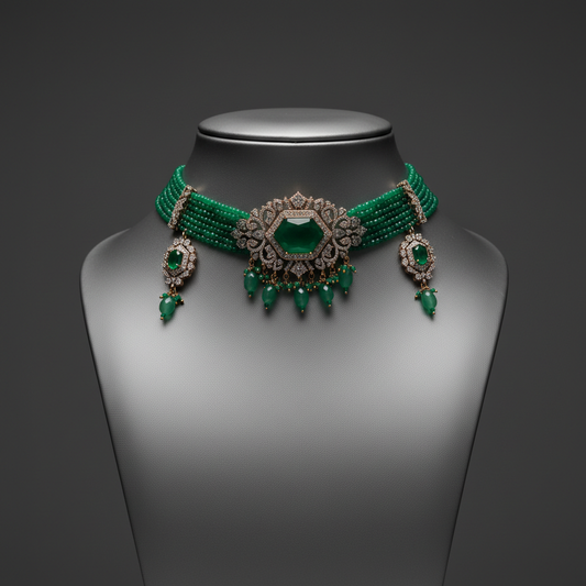 Elegant Emerald Green Multi-Strand Choker Jewellery Set with Stud Earrings