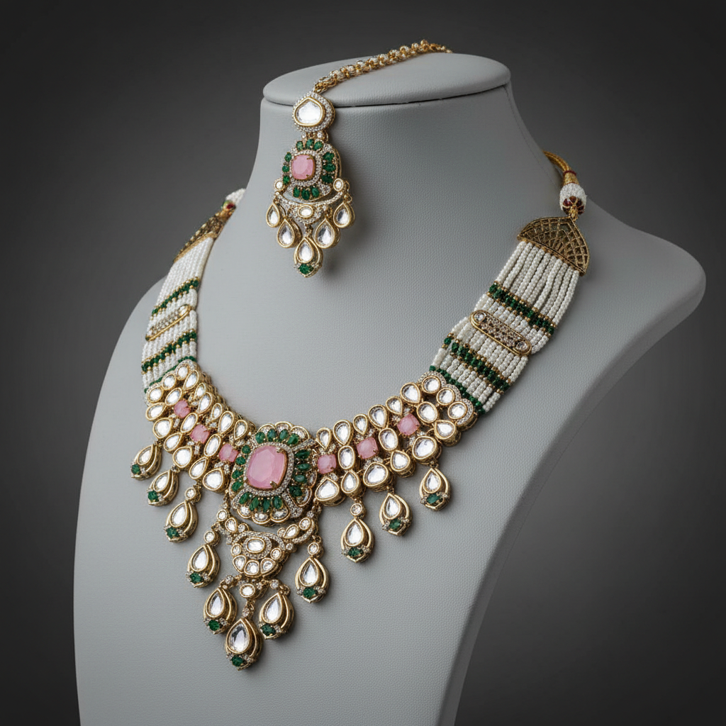Elegant Kundan and Pearl Bridal Jewellery Set with Pink Accents