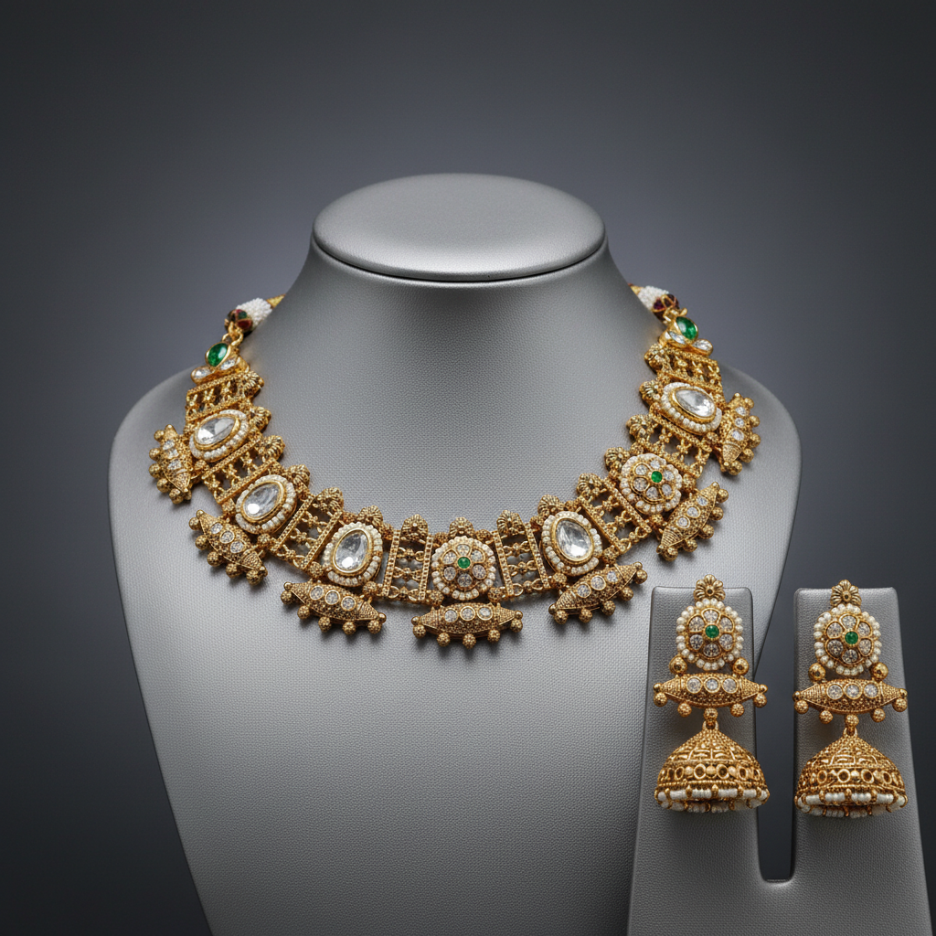 BeautiArt Kundan Pearl Choker Necklace Set with Jhumkas