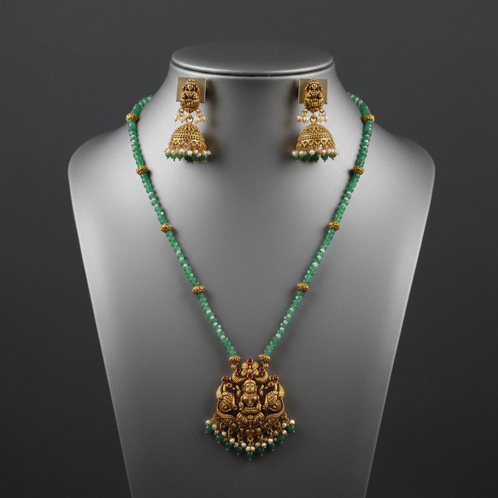 Elegant Green Bead Goddess Lakshmi Pendant Necklace Set with Jhumkas