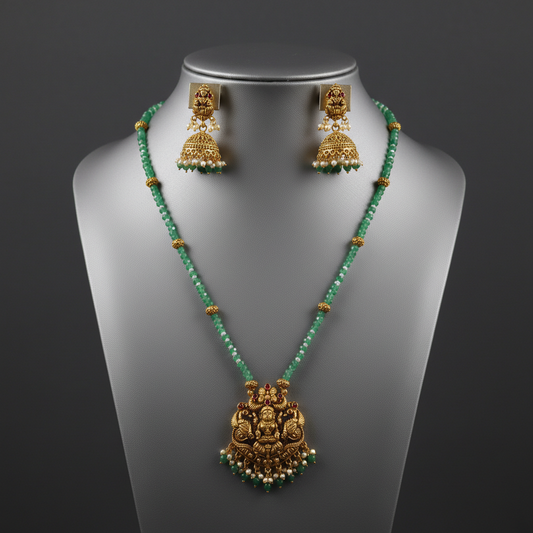 Elegant Green Bead Goddess Lakshmi Pendant Necklace Set with Jhumkas