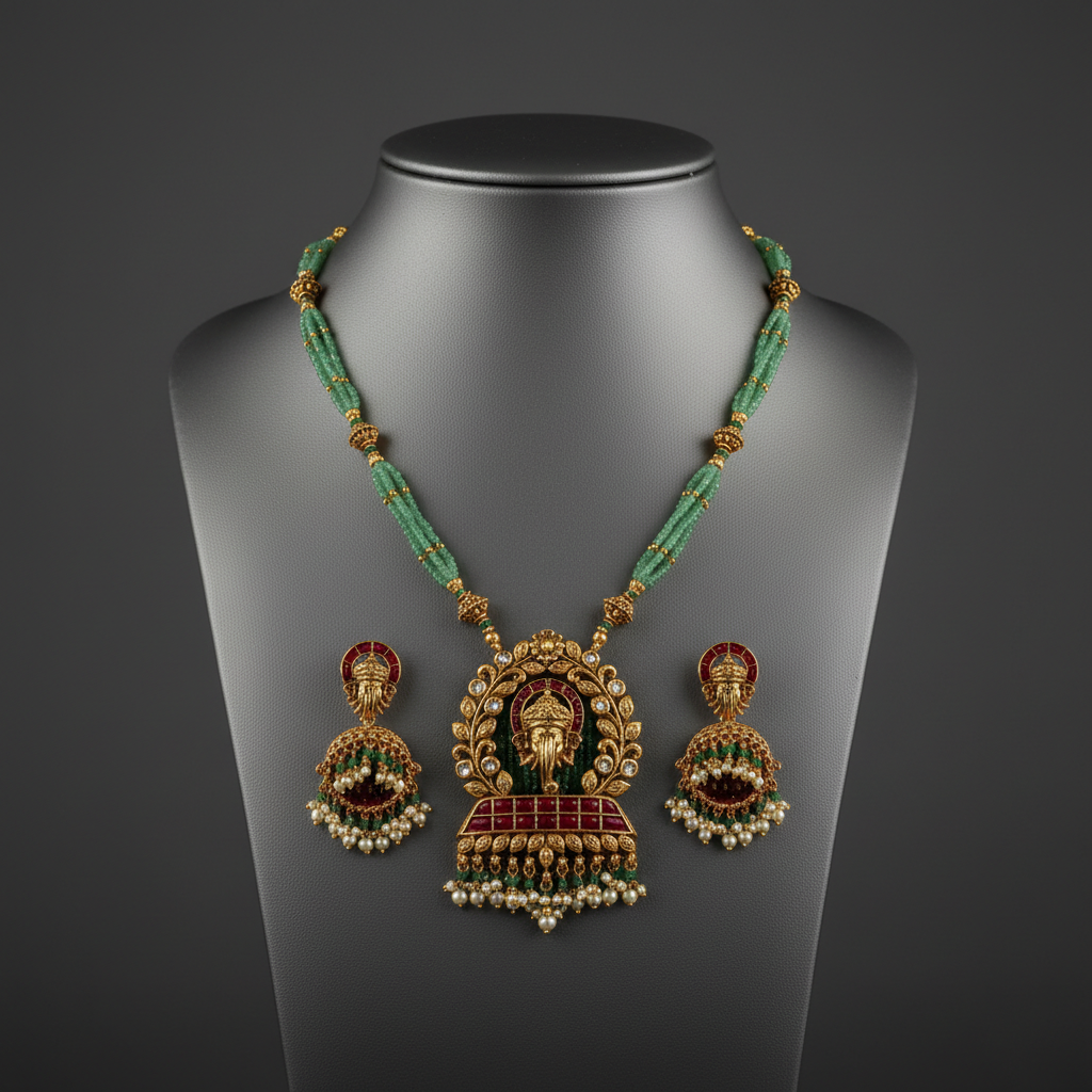 Exquisite Lord Ganesha Pendant Necklace Set with Mint Green Beads