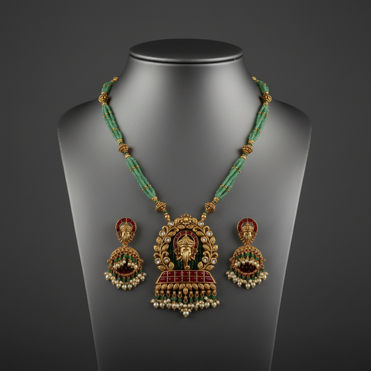 Exquisite Lord Ganesha Pendant Necklace Set with Mint Green Beads