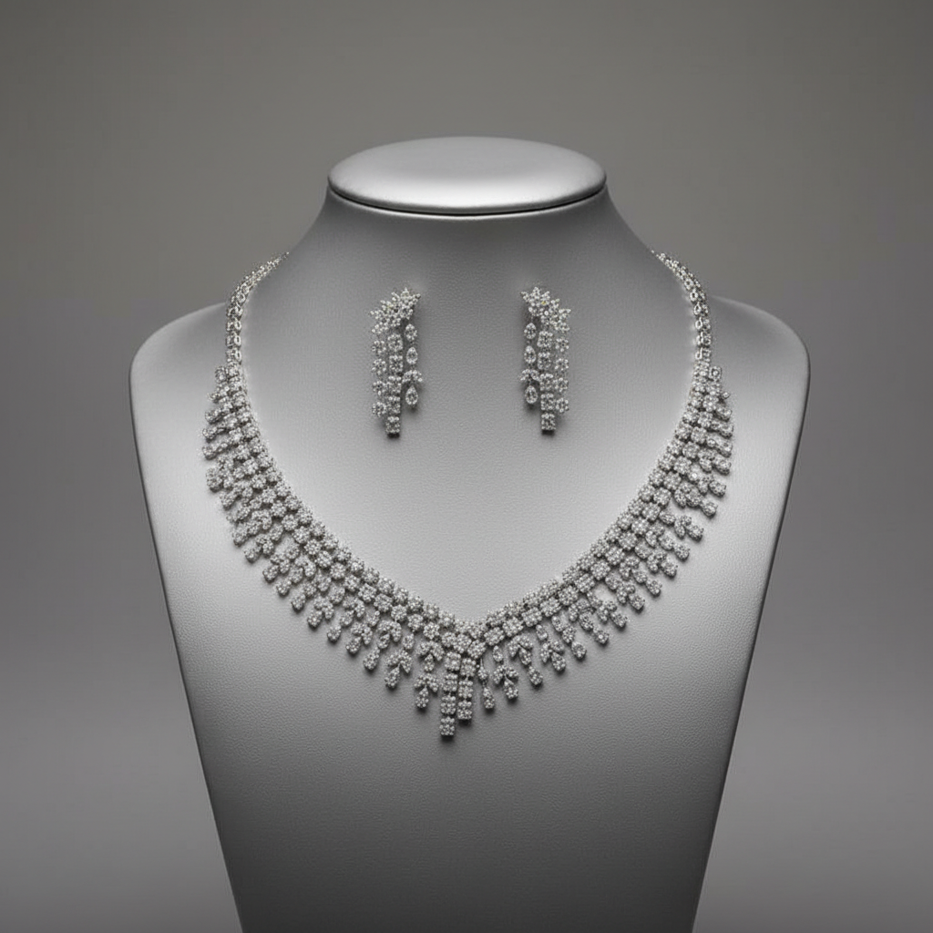 Sparkling Silver-Tone Crystal Statement Necklace and Earrings Set