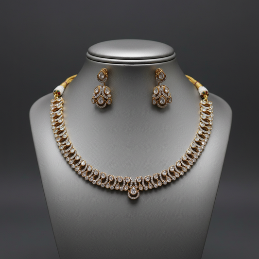 Elegant Gold-Plated Kundan & Zircon Choker Necklace Set with Earrings