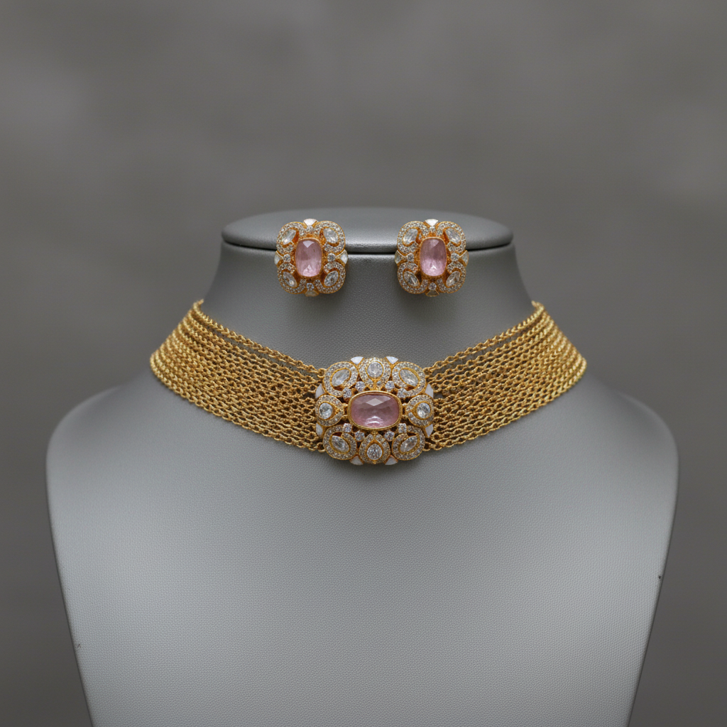 Rose Pink Kundan Stone Multi-Strand Gold-Plated Choker Set