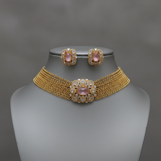 Rose Pink Kundan Stone Multi-Strand Gold-Plated Choker Set