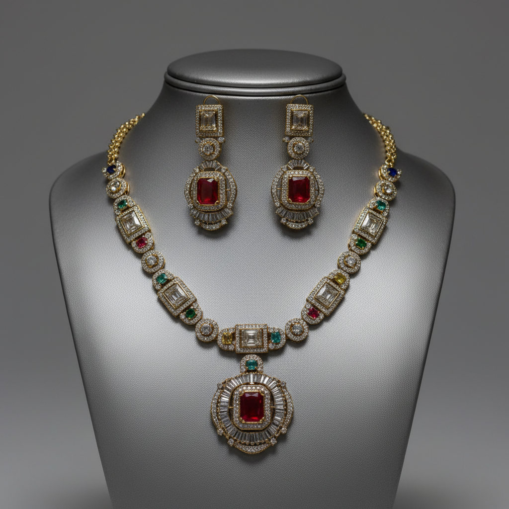 Elegant Gold-Plated Emerald Cut Ruby and Multi-Gemstone Necklace Set