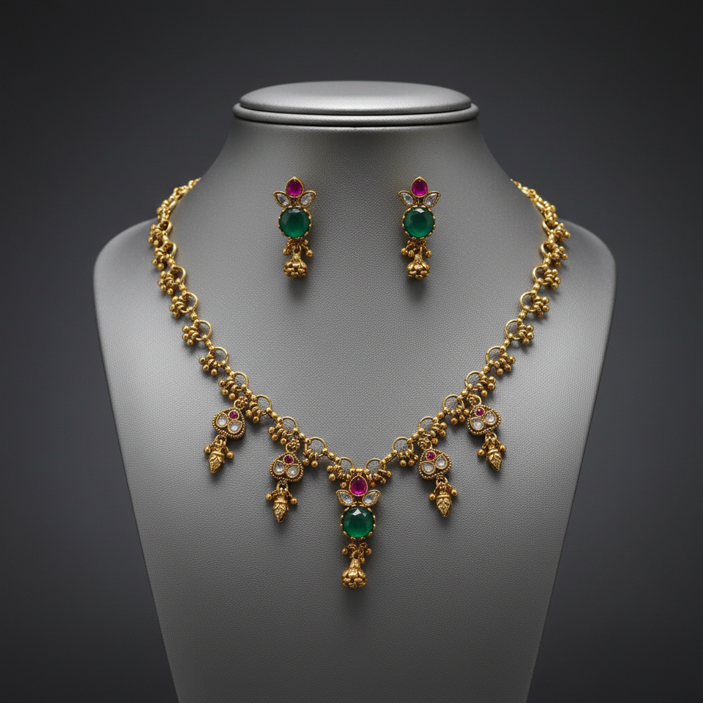 Elegant Gold-Plated Ruby and Emerald Kemp Necklace Set
