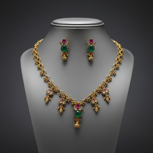 Elegant Gold-Plated Ruby and Emerald Kemp Necklace Set