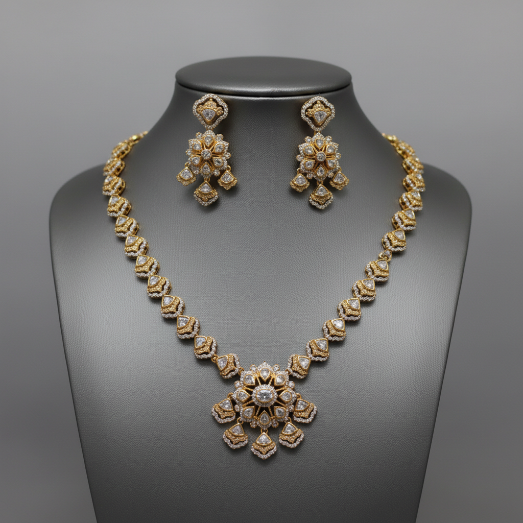 Elegant Kundan Polki Gold-Plated Necklace and Earrings Jewelry Set
