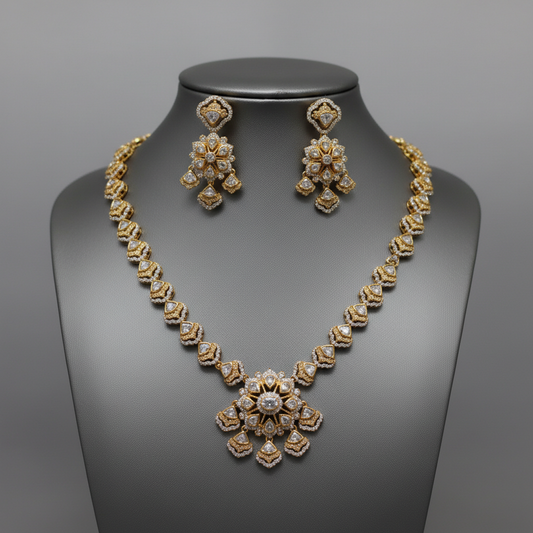 Elegant Kundan Polki Gold-Plated Necklace and Earrings Jewelry Set