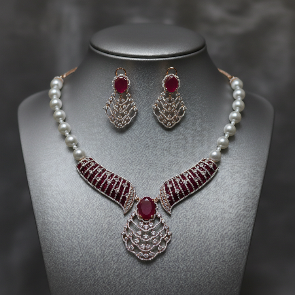 BeautiArt Ruby Red Pearl Statement Necklace & Earrings