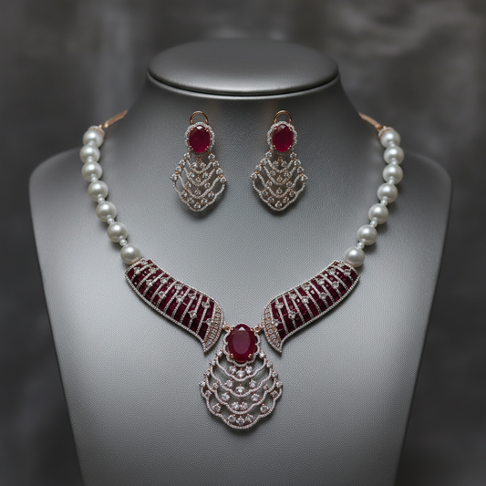 BeautiArt Ruby Red Pearl Statement Necklace & Earrings