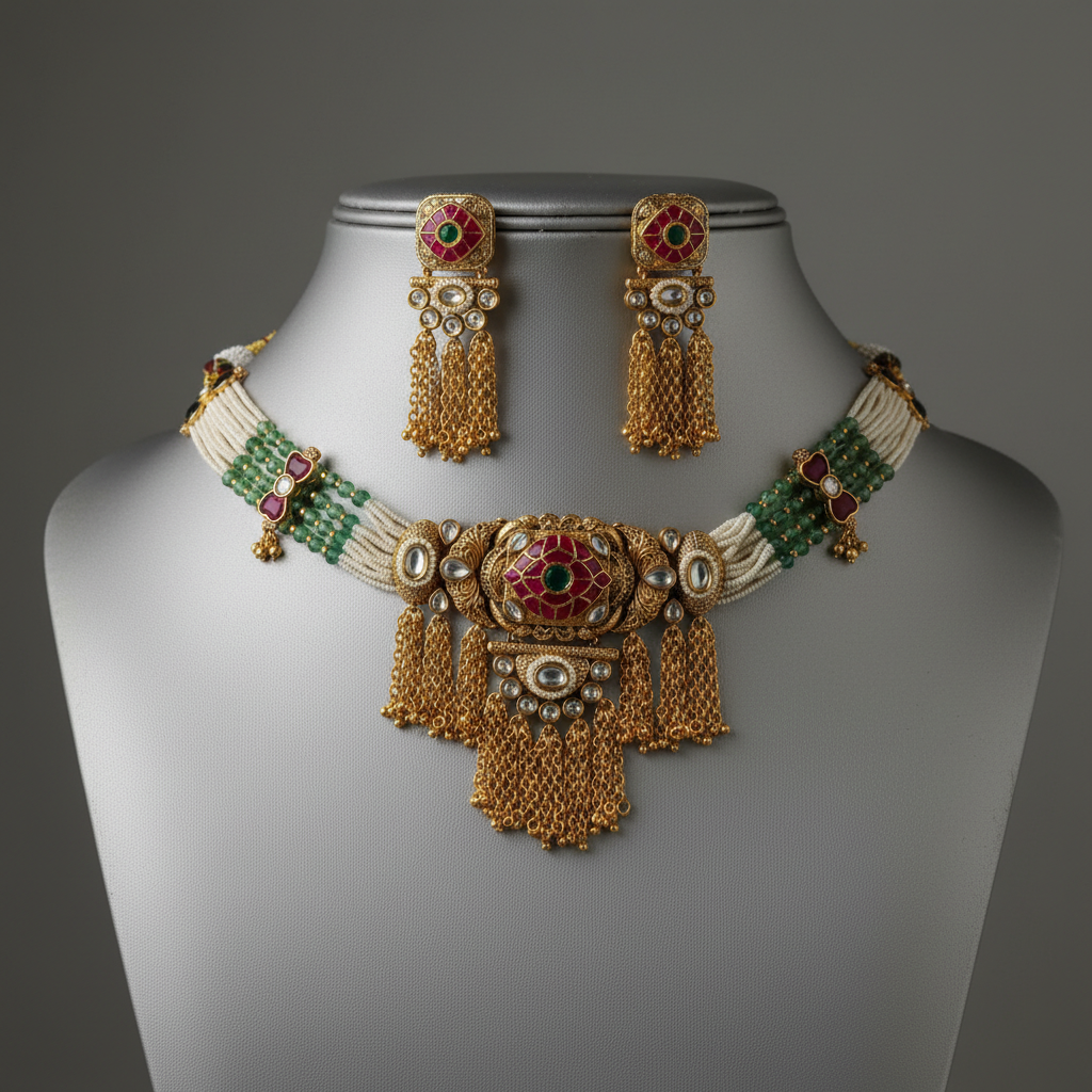 Kundan Choker Necklace Set with Green Beads and Gold Fringe