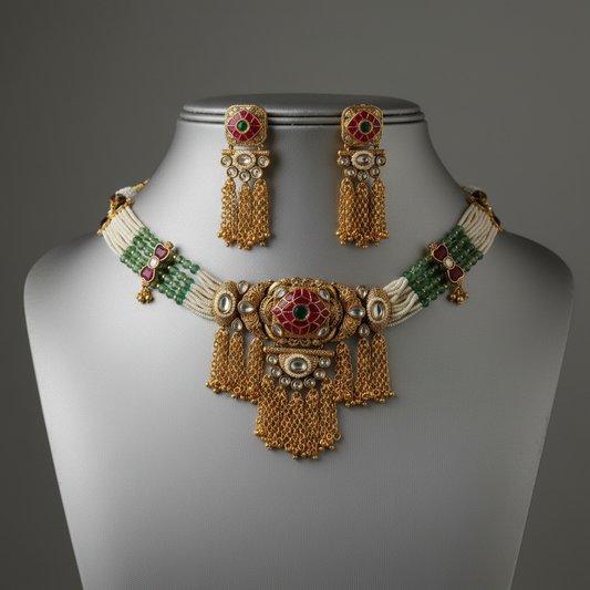 Kundan Choker Necklace Set with Green Beads and Gold Fringe