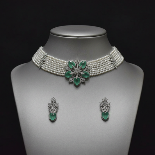 Elegant Emerald Green Floral Motif Pearl Choker Set with Matching Earrings