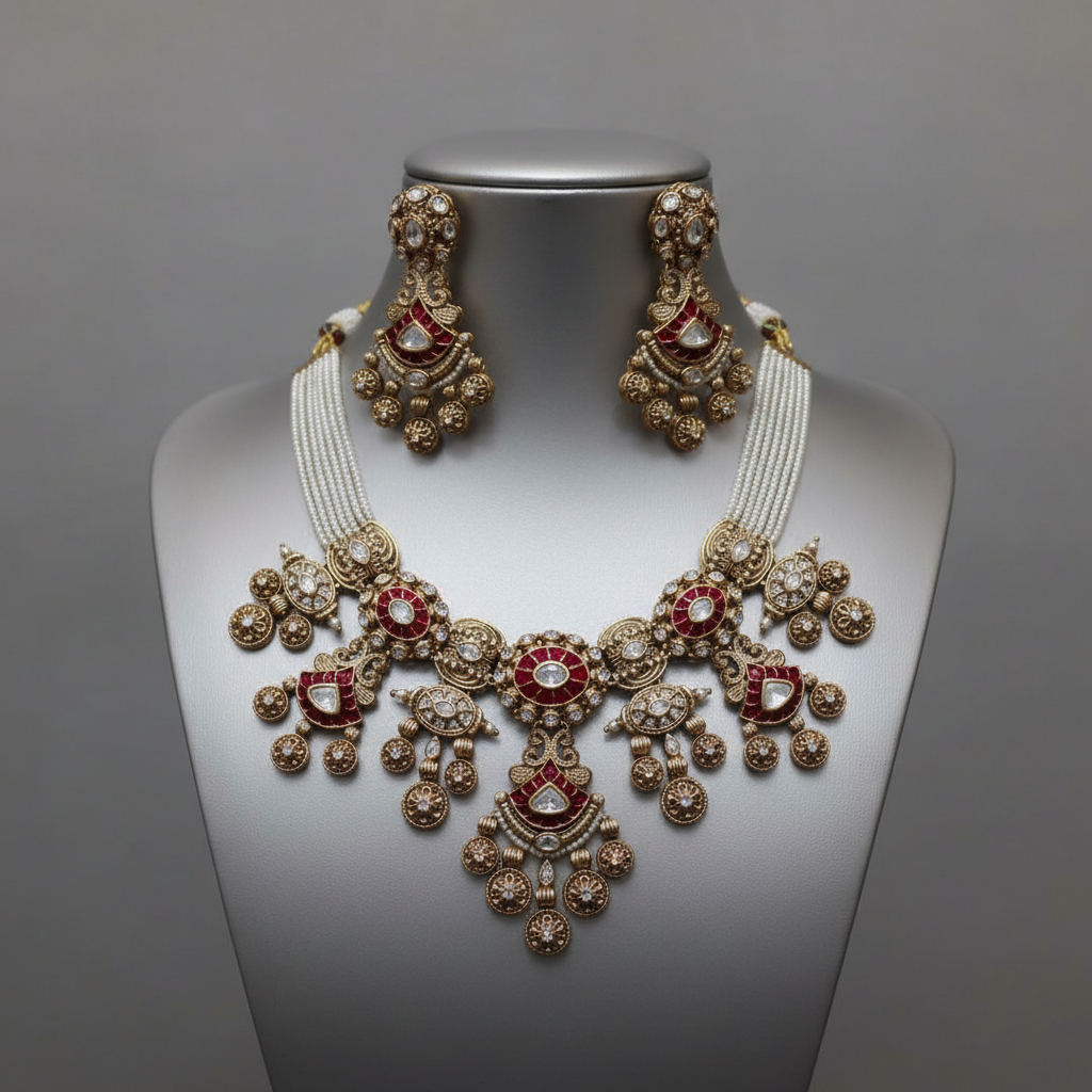 Exquisite Maroon Enamel and Polki Necklace Set with Pearl Detailing