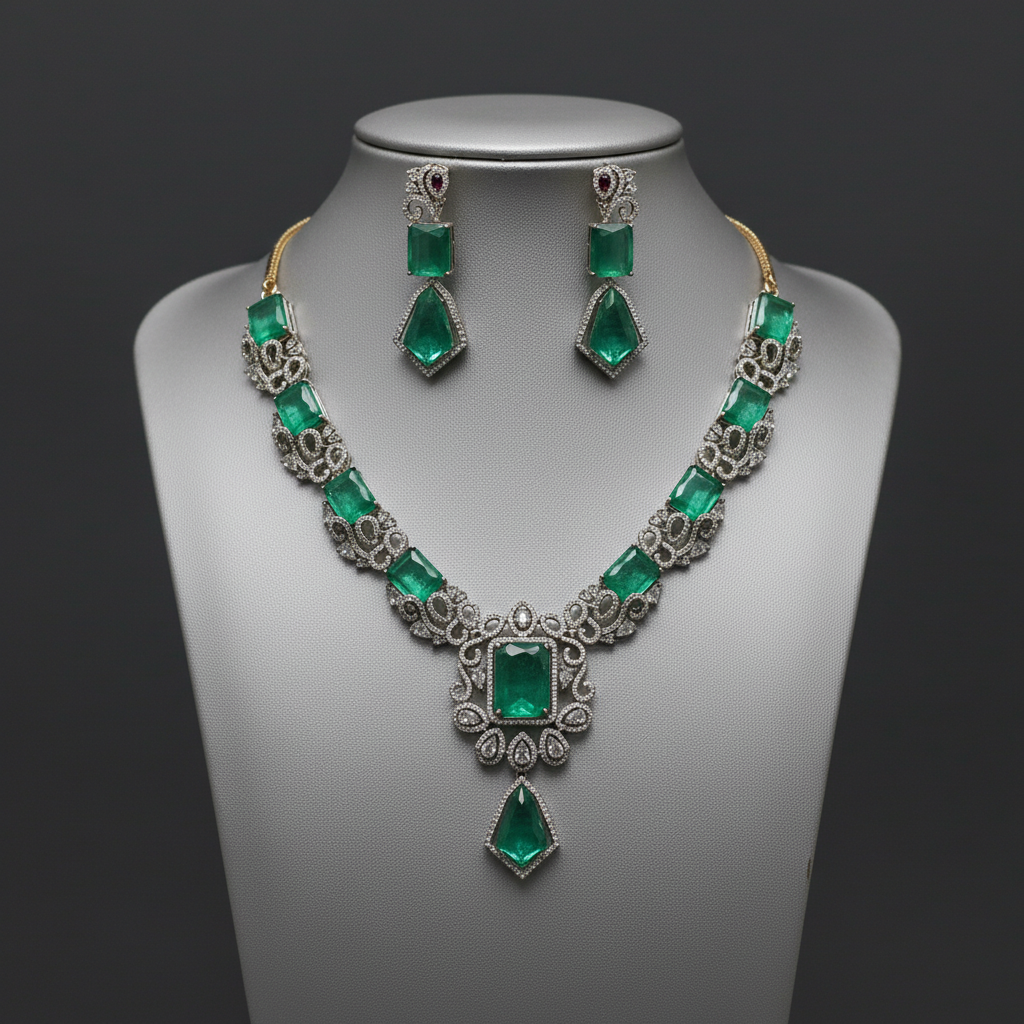 Emerald Green CZ Statement Necklace & Earrings Set - BeautiArt