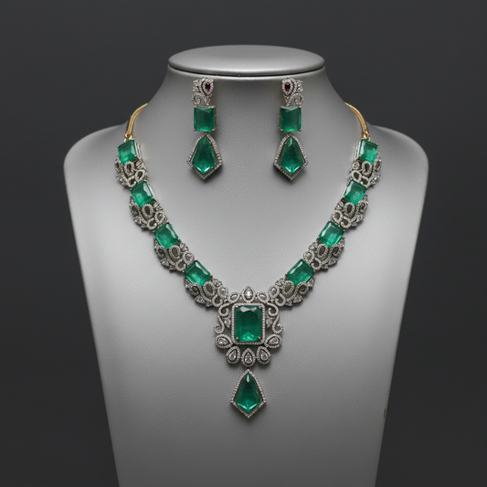 Emerald Green CZ Statement Necklace & Earrings Set - BeautiArt