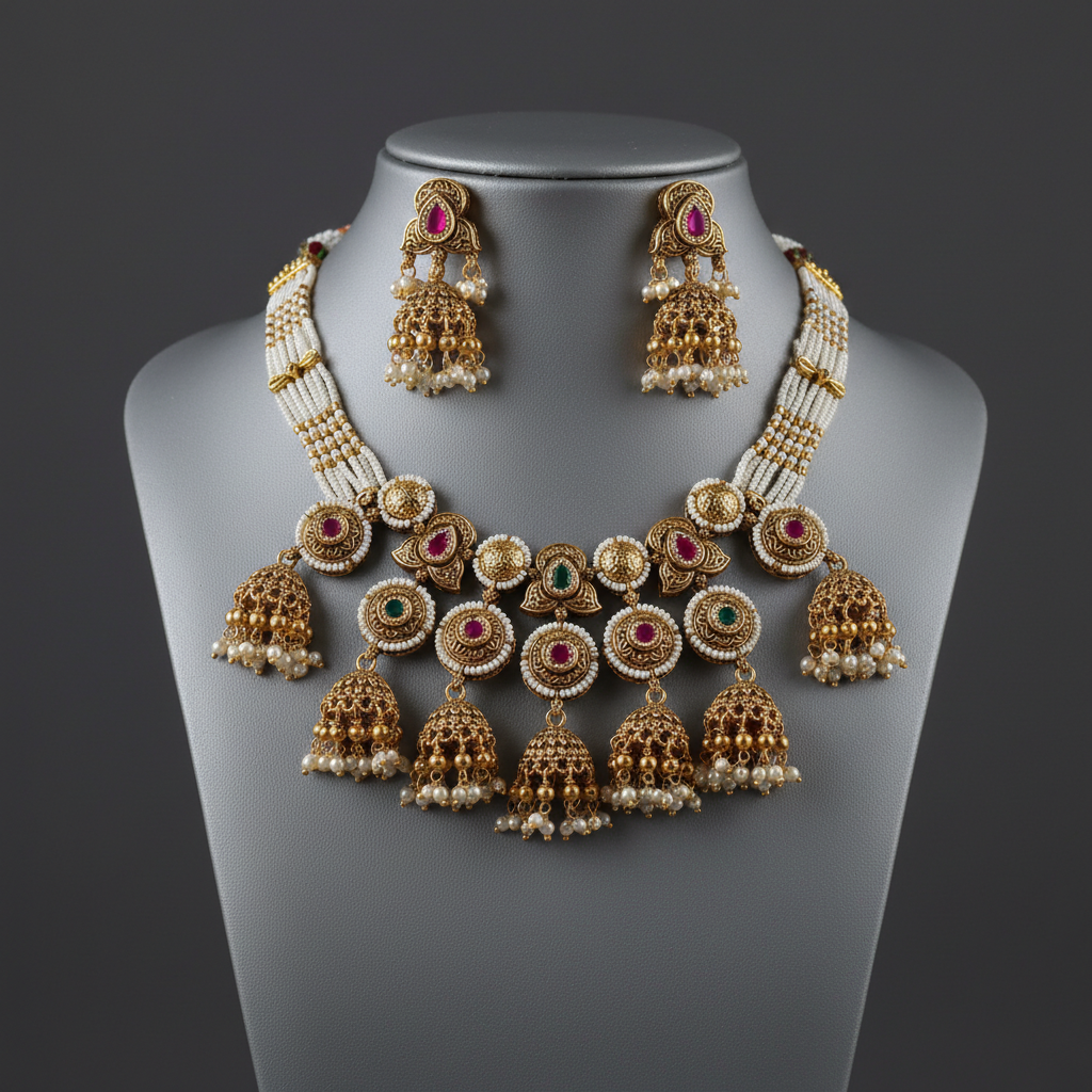 Indian Antique Gold Pearl Choker Set | Ruby Emerald Jhumkas