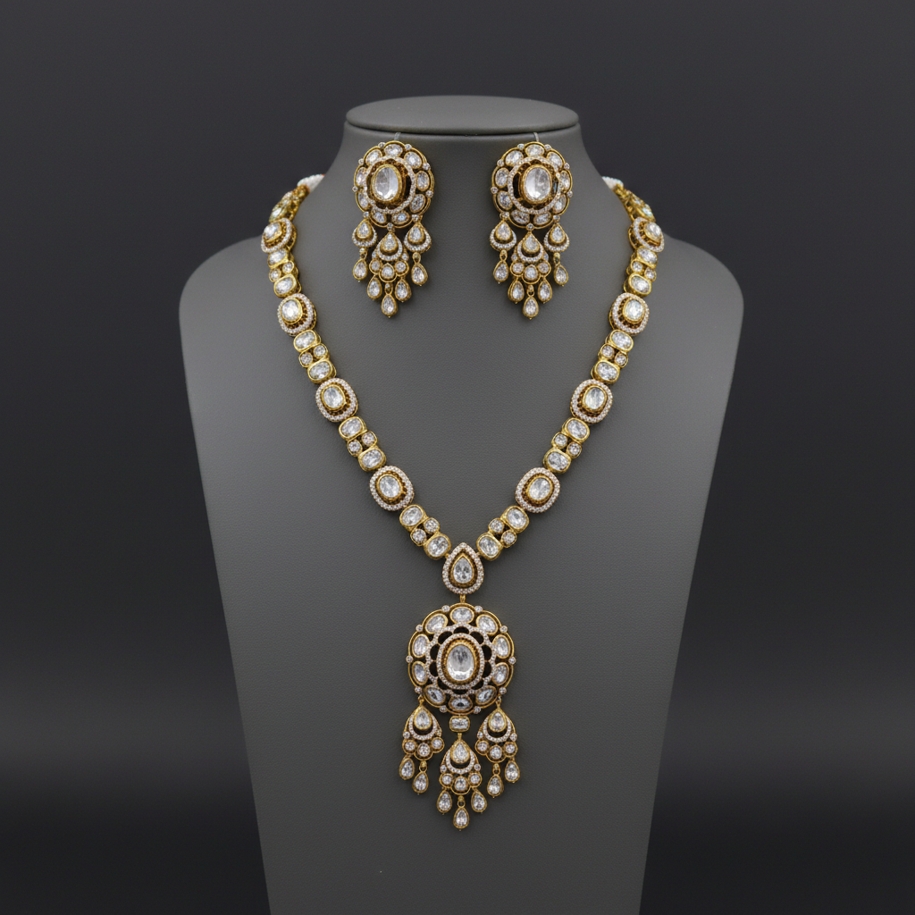 Exquisite Kundan Polki Long Necklace Set with Jhumka Earrings