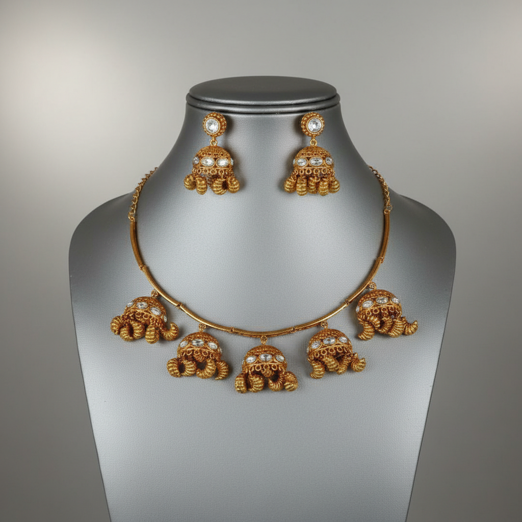 Elegant Gold-Plated Jhumka Charm Necklace and Earring Set with Kundan Stones
