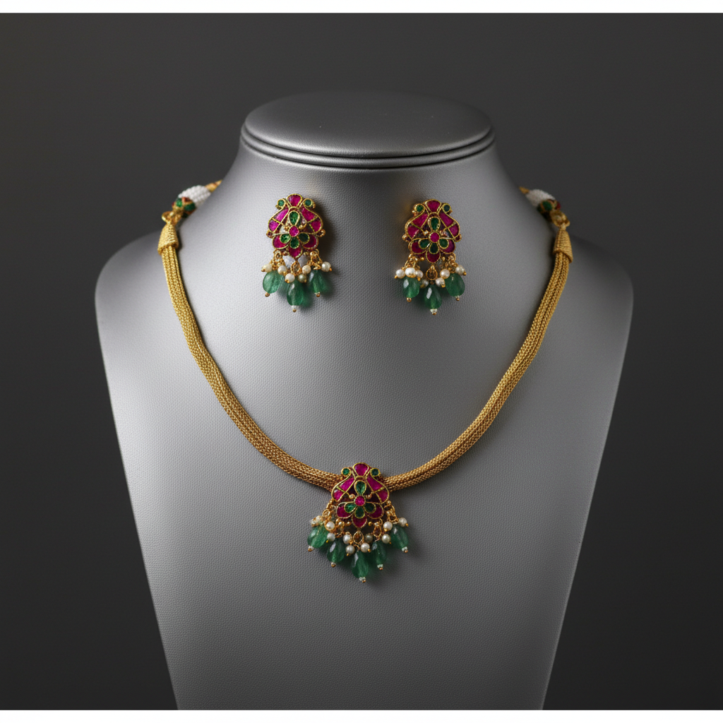 Traditional Ruby and Emerald Gold-Toned Choker Necklace Set