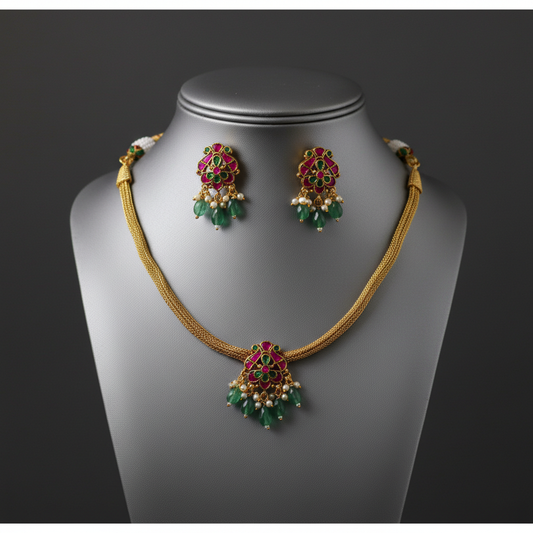 Traditional Ruby and Emerald Gold-Toned Choker Necklace Set