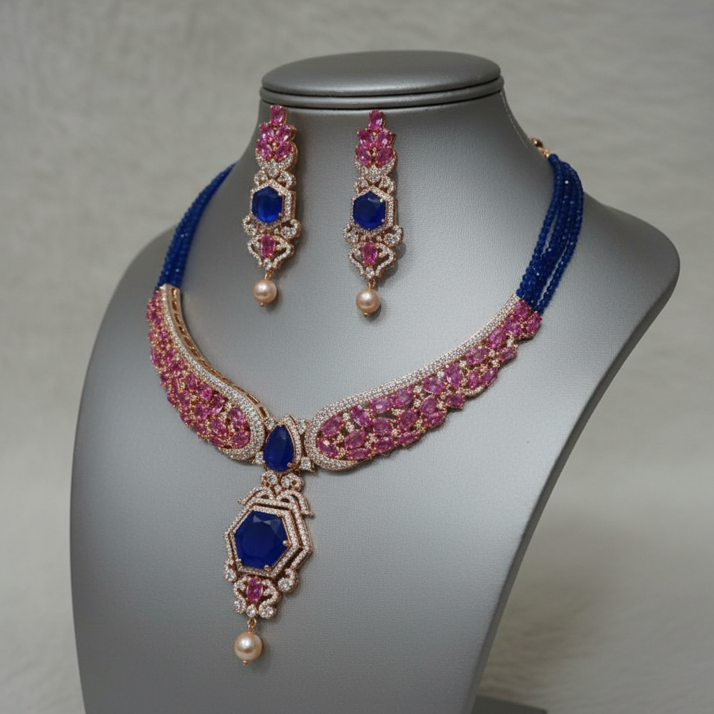 Indian Royal Blue Pink Stone Necklace & Earrings Set