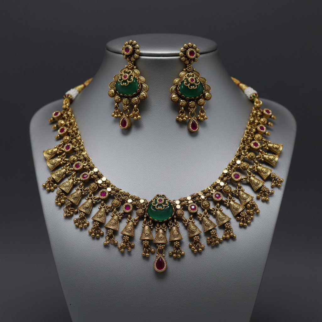 Antique Gold-Plated Ruby and Green Stone Choker Set